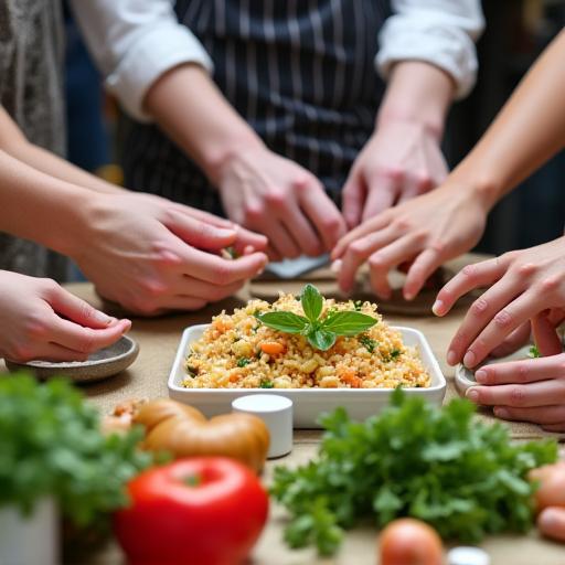 Teilnehmer eines kulinarischen Workshops bereiten gemeinsam ein Gericht zu.
