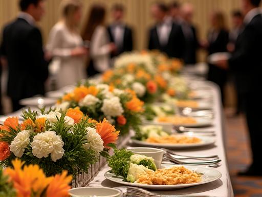 Ein elegantes Buffet bei einer Firmenveranstaltung, geschmackvoll dekoriert mit frischem Gemüse und feinen Speisen.