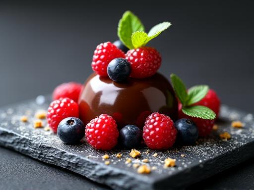 Eine filigrane Schokoladendessert-Kreation, akkurat angerichtet mit Beeren und Minze auf einem modernen Schiefer-Teller.