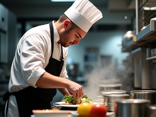 Ein Koch konzentriert sich auf die Zubereitung eines Gerichts in einer professionellen, gut ausgestatteten Restaurantküche.