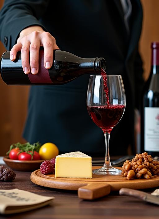 Ein Sommelier giesst sorgfältig Rotwein in ein Kristallglas neben einer ansprechenden Käseplatte mit Früchten und Nüssen.