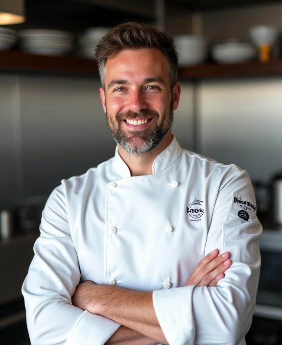 Porträt des Gründers und Chefkochs von Genève Gourmet in der Küche.