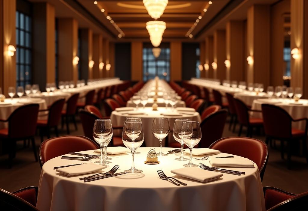 Elegantes Restaurant-Ambiente mit gedeckten Tischen.